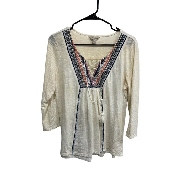 Lucky Brand Embroidered Lace Up Knit Blouse Sz Large Ivory Blue Tassel Tie Bohem - Picture 1 of 10
